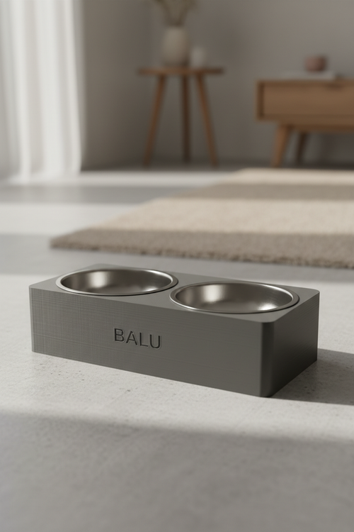 DOG TWIN – 3D-gedruckte Doppelnapfstation für Hunde, Graphit PETG, Edelstahleinsätze