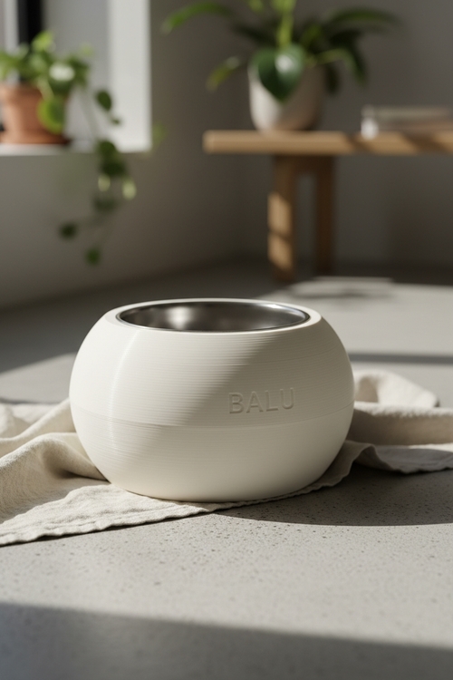 DOG BOWL – 3D-gedruckte Napfstation für Hunde, knochenweißes PETG, Edelstahleinsatz